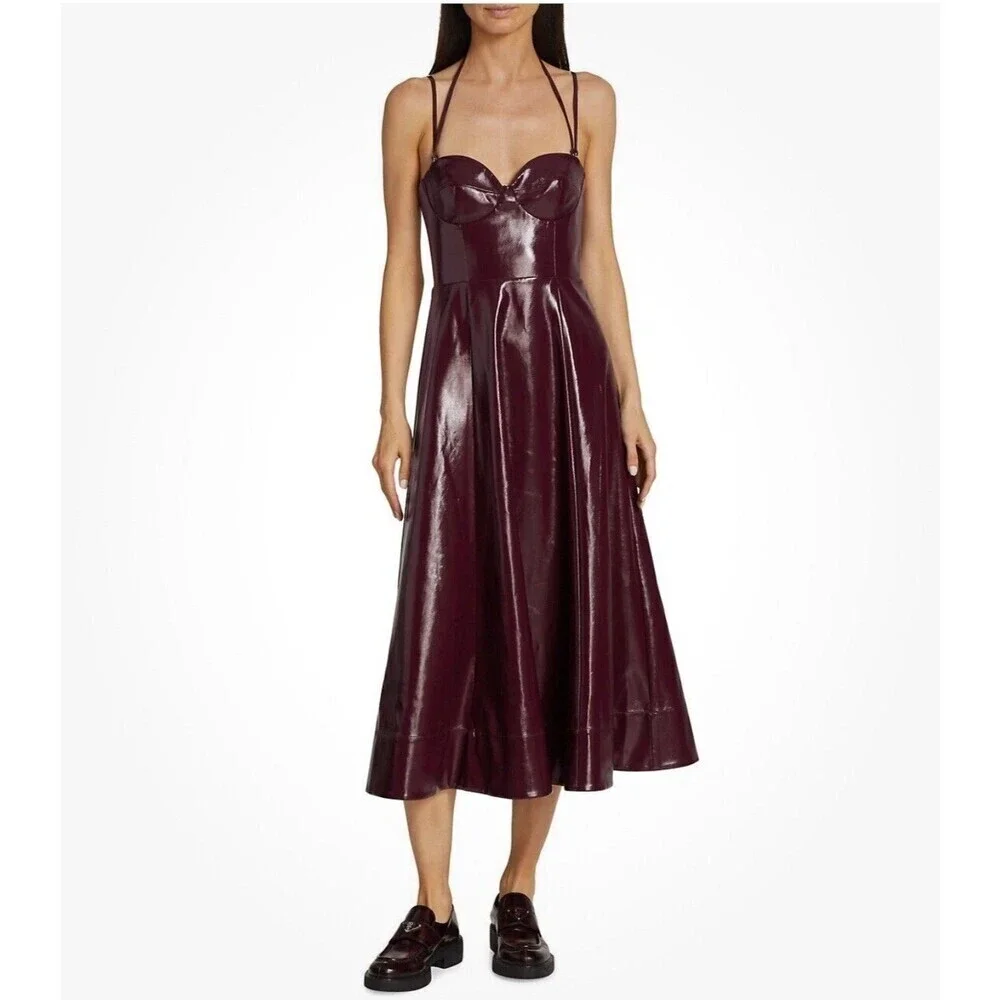 Staud Women Abstract Plum Burgundy Corset Faux Leather Midi Dress